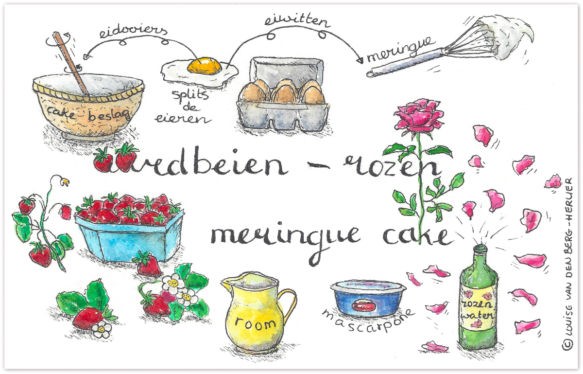 aardbeien rozen meringue cake illustratie