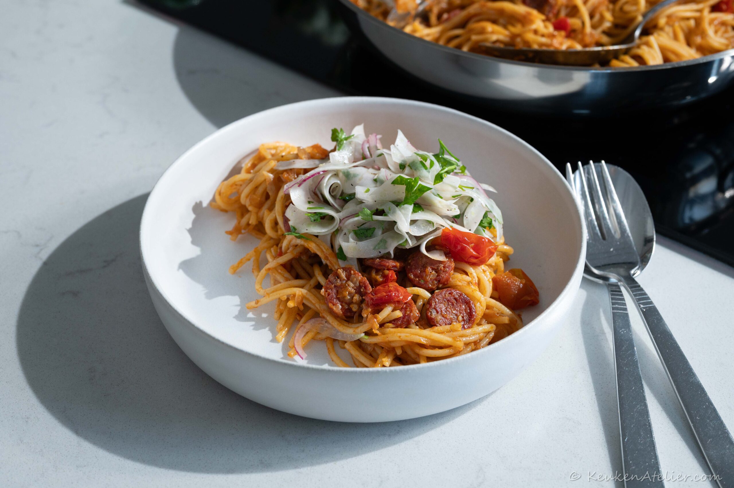 Pasta met chorizo en venkel